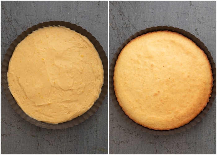 The batter in the pan before and after baking.