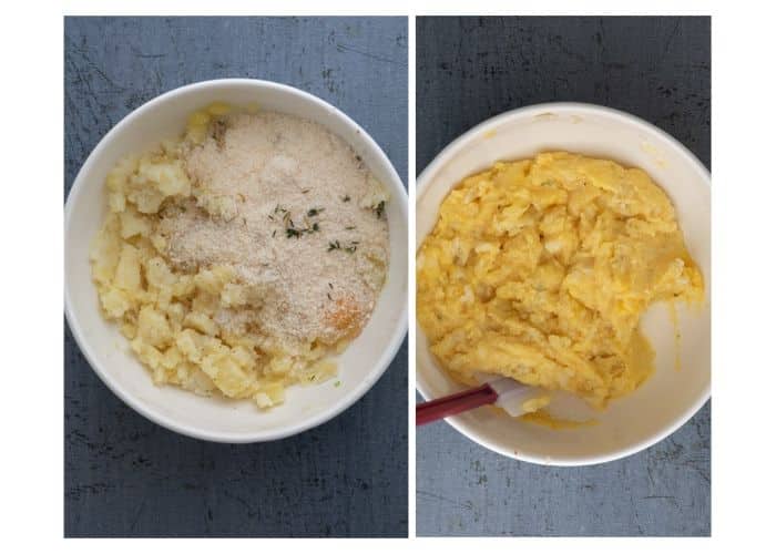 Mixing the ingredients in a white bowl.