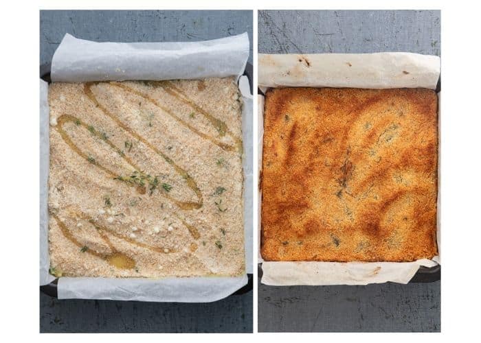 The breadcrumb mixture on top and baked.