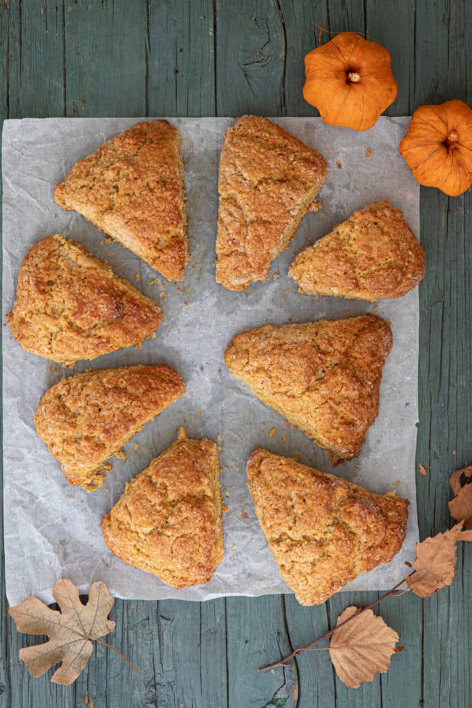 Pumpkin scones on parchment paper.