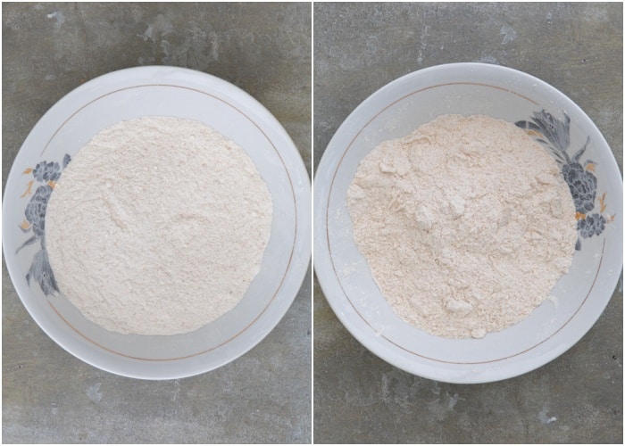 The dry ingredients in the bowl and the butter added.
